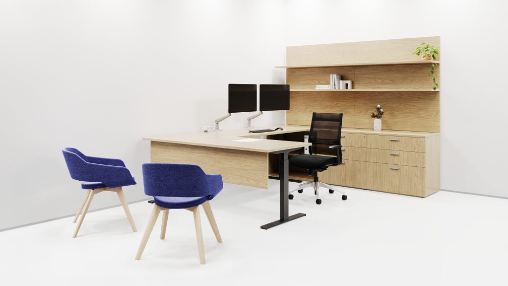 Free-standing height adjustable with a fixed return. Storage with a laminate wallboard with two shelves.