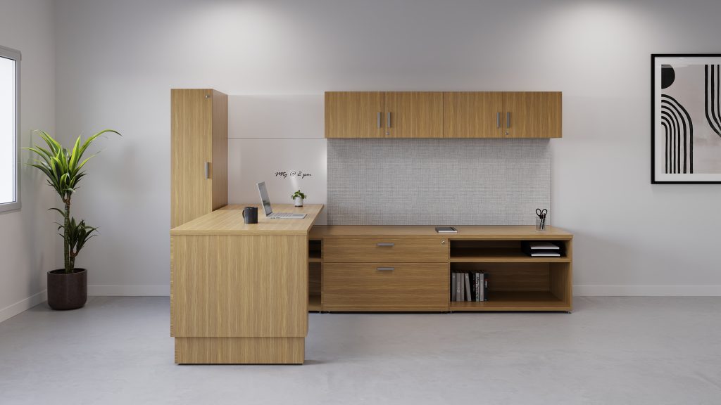 Enclosed height adjustable with box, file storage and open file storage. Wall mounted hutch above fabric wrapped panels and a wardrobe beside.