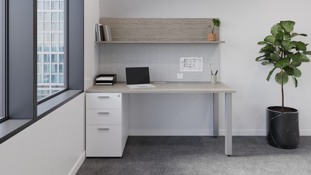 Desk with pedestal storage. PET wallboard with shelving overtop.