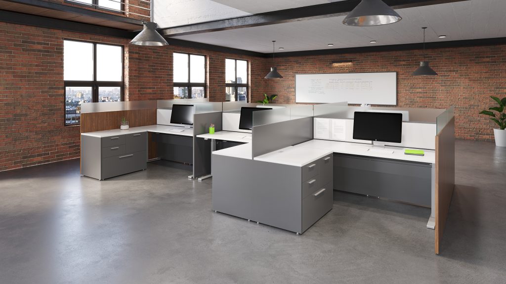 MOS+ 6 Pod. Each station features a height-adjustable desk and credenza, laminate panels with frosted glass inserts, and PET Felt tackboards.