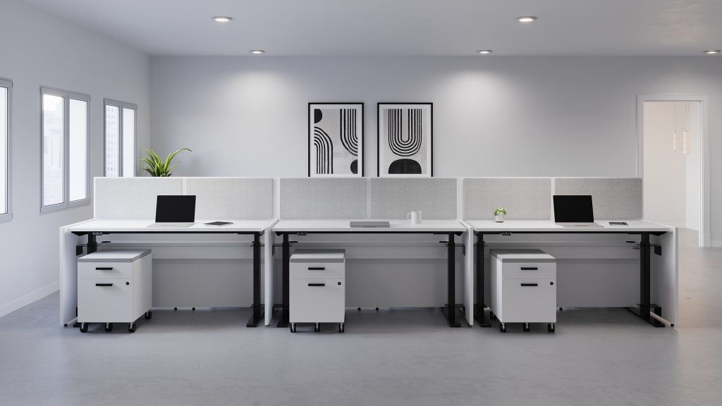 MOS+ 6 pack with no side-to-side privacy but with a seated privacy spine. Paired with height-adjustable desks and mobile box file mobile pedestal.
