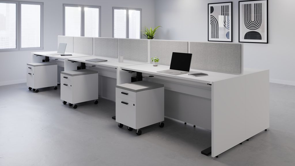 MOS+ 6 pack with no side-to-side privacy but with a seated privacy spine. Paired with height-adjustable desks and mobile box file mobile pedestal.