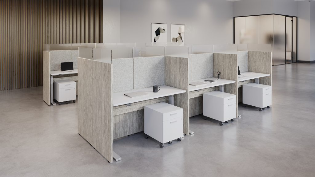 MOS+ 6 pack with height-adjustable desk. Taller panels with tackable felt behind paired with mobile pedestal box file storage.