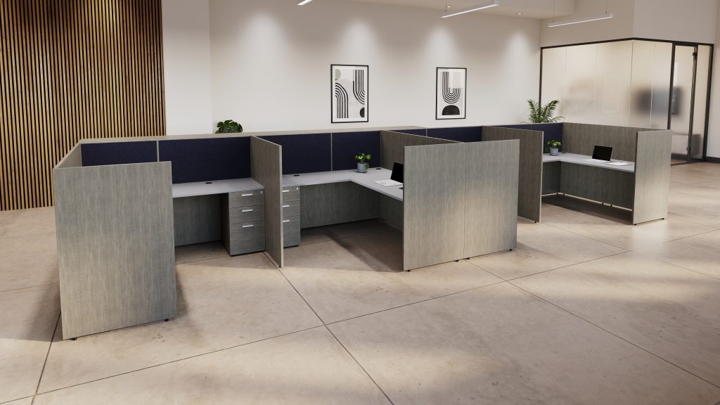 MOS+ 6 pack with fixed desks and pedestal storage. There is a blue tackable PET felt on the back panels.