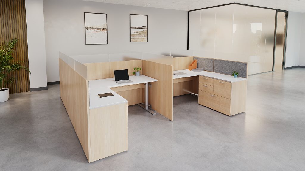 MOS+ 4 Pod: 220"L x 147"D x 51"H. Each 72"L x 72"D station features a height-adjustable desk and credenza, laminate panels with frosted glass inserts, and PET Felt tackboards.