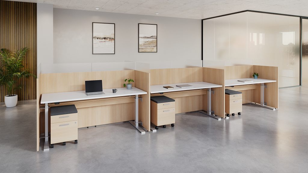 MOS+ 6 Pod. Each station includes a 70" x 28" height-adjustable desk and a mobile box/file with cushion. Panels stand at 44" with a 7" frosted glass insert. Overall footprint: 220"L x 61"D.