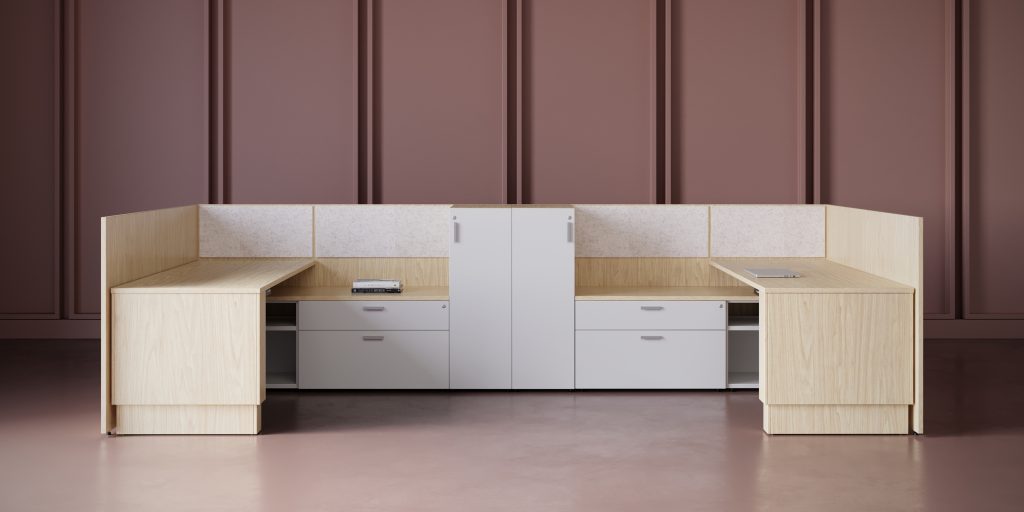 The MOS+ 2 with each station including a height-adjustable desk with a 70"W x 28"D enclosed surface, a 60"L credenza with open and closed storage, and a 15"W personal wardrobe tower.