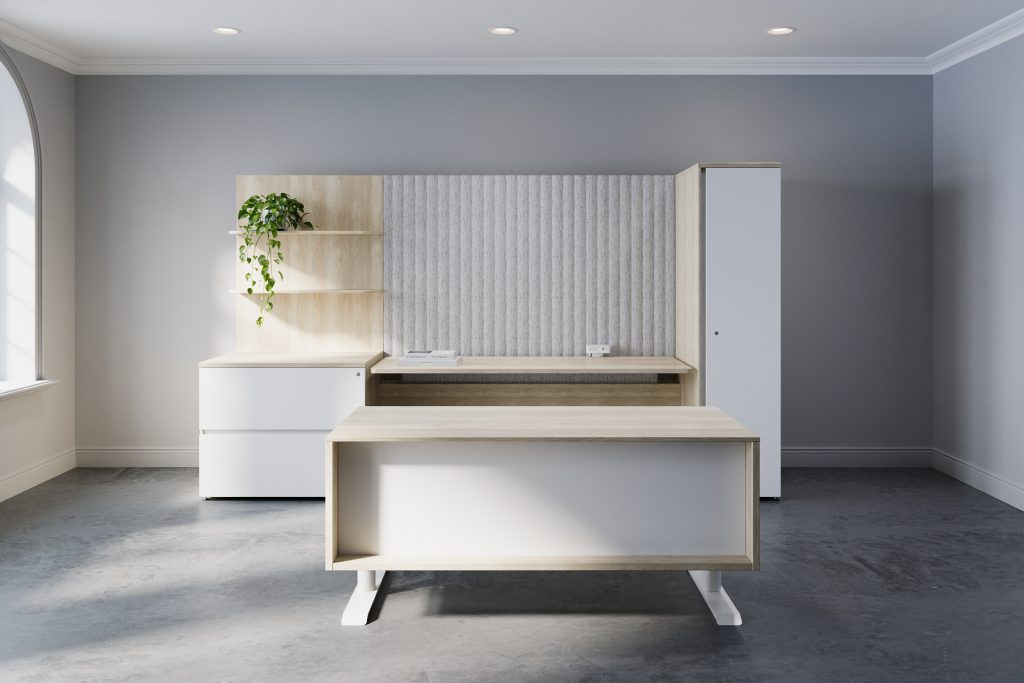 Hudson private office: Thin 5/8" radius-corner shelves laminate wall boards with Ridgeline PET wallboards beside. With 108"L of filing storage and a 72"L x 30"D Signature Height Adjustable Desk and a fixed height adjustable desk behind.  Shown here with Abet Tivoli Grey, New Grey, and Pepperdust laminate and black metal finishes.