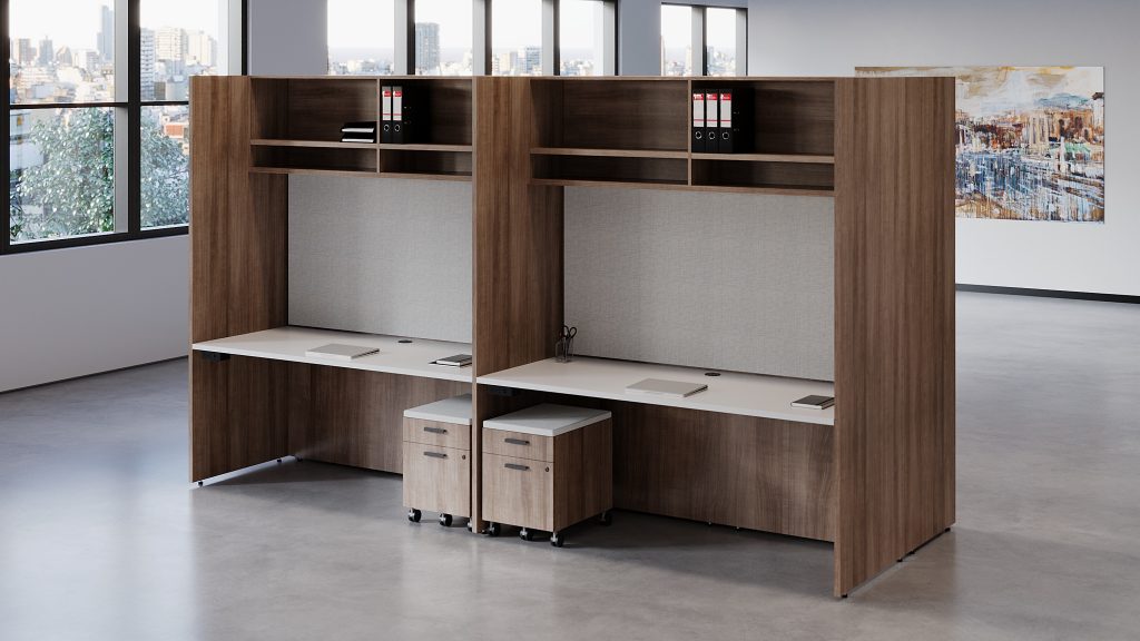 MOS+ 2 Pod measures 219"L x 115"D x 79"H. Fixed desk surface with fabric board behind desk and a mobile box/file.
