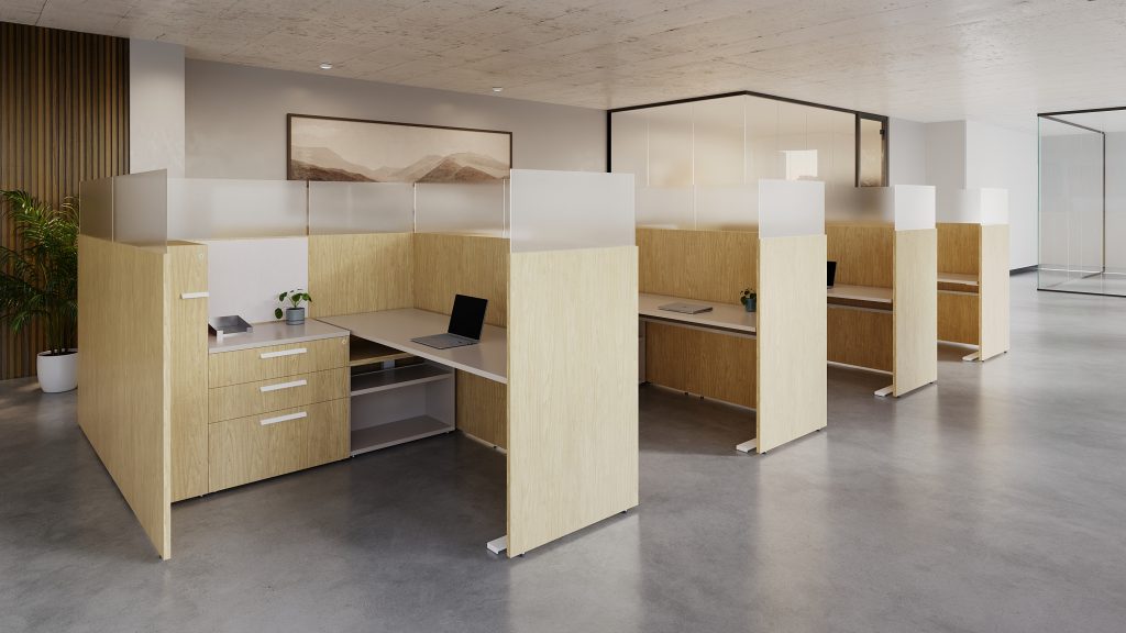 MOS+ 8 pack. With tall panels and inset frosted glass. Each pod has a height adjustable desk with credenza open and closed storage paired with a wardrobe for coat storage. There is also a whiteboard behind the credenza.